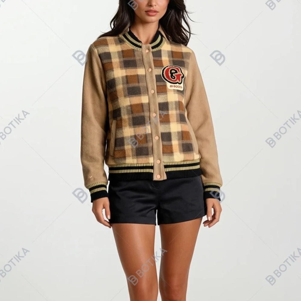 Wenqi Plaid Varsity Jacket - Retro Bomber Coat G-Patch - Brown Checkered